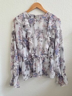 ASOS Floral Chiffon Ruffle Peplum Blouse - Pale Blue & Gray Purple 6